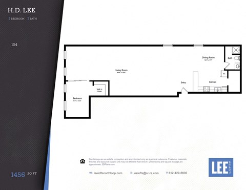 A floor plan for a one bedroom, one bath apartment at H.D. Lee.